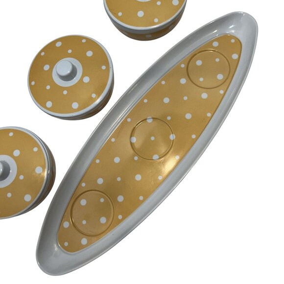 Yellow & White Polka Dot Condiment Set With 3 Lidded Bowls & Tray - Picture 6 of 11